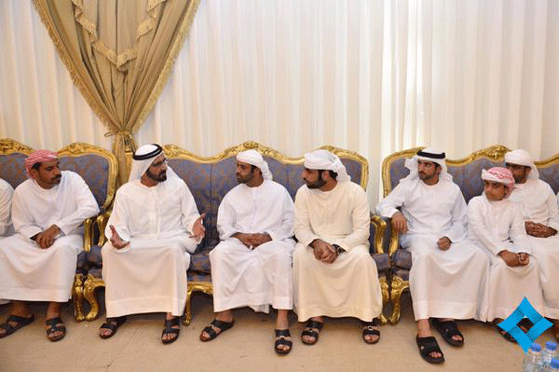 Sheikh Mohammed bin Rashid and Sheikh Hamdan bin Mohammed with the family of UAE martyr Khamis Rashid Abdullah Abdouly. (DGMO)