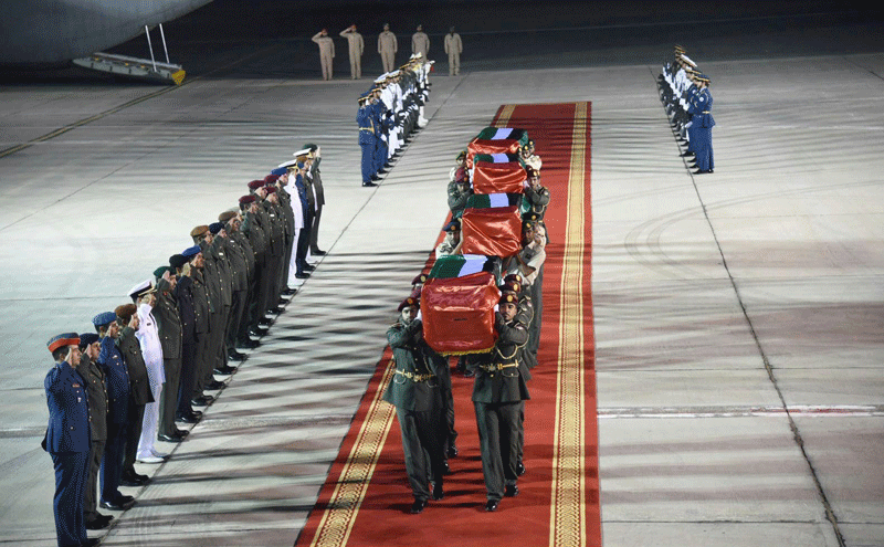 The bodies of four Emirati martyrs arrived on Wednesday at Al Bateen Airport in Abu Dhabi. (Wam)