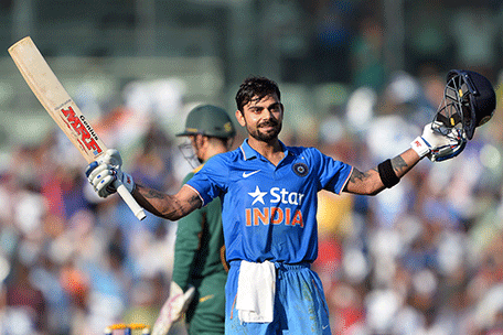 Indian batsman Virat Kohli gestures after scoring 100 runs during the fourth one day international (ODI) cricket match between India and South Africa at The M.A Chidambaram Stadium Chepauk in Chennai on October 22, 2015. AFP