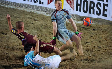 Action from the match between Russia and Argentina in the Beach Soccer Intercontinental Cup Dubai 2015 on Tuesday. (Supplied)