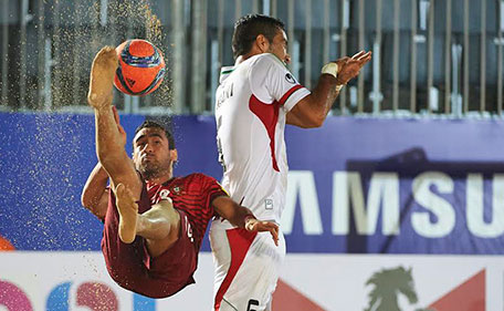 Action from the match between Iran and Portugal in the Samsung Beach Soccer Intercontinental Cup Dubai 2015 at Dubai International Marine Club on Wednesday. (Supplied)