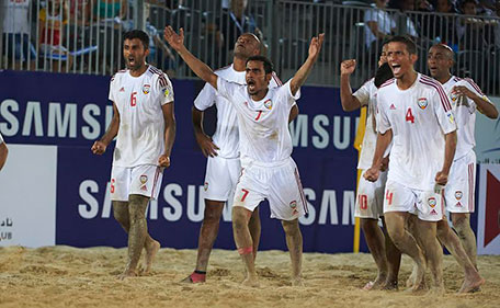 Action from the match between UAE and Argentina in the Samsung Beach Soccer Intercontinental Cup Dubai 2015 at Dubai International Marine Club on Wednesday. (Supplied)