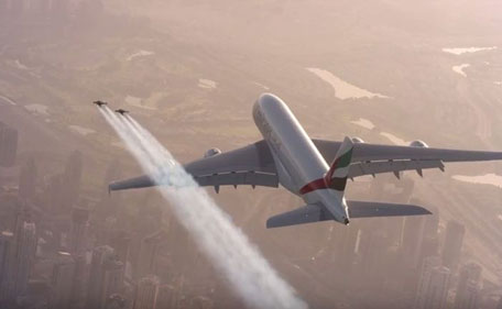 Yves Rossy and Vincent Reffet from Jetman fly with Emirates A380. (Screen grab)