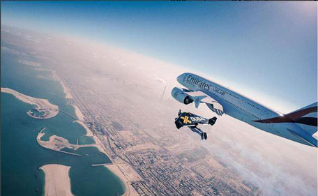 Yves Rossy and Vincent Reffet from Jetman fly with Emirates A380. (Screen grab)