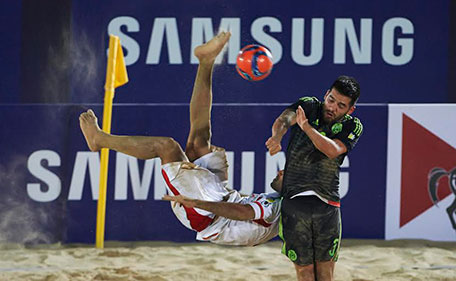 Action from the match between Iran and Mexico in the Samsung Beach Soccer Intercontinental Cup Dubai 2015 at Dubai Internatinal Marine Club on Thursday. (Supplied)