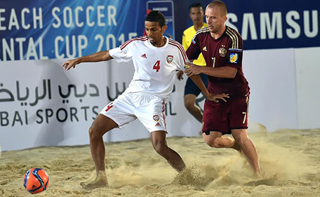 Action from the match between UAE and Russia in the Samsung Beach Soccer Intercontinental Cup Dubai 2015 at Dubai Internatinal Marine Club on Thursday. (Supplied)