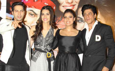 (R-L) Bollywood actors Shah Rukh Khan, Kajol, Kriti Sanon and Varun Dhawan at the release of 'Dilwale' at an event in Mumbai on November 9. (Supplied)