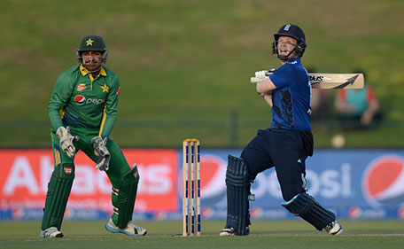 England captain Eoin Morgan bats during the 1st One Day International between Pakistan and England at Zayed Cricket Stadium on November 11, 2015 in Abu Dhabi, UAE. (Getty Images)