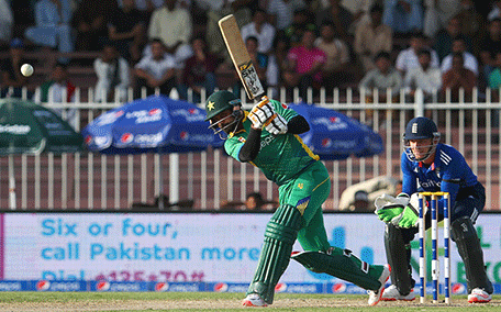 Pakistan's Muhammad Hafeez plays a shot during the third One Day International (ODI) match between Pakistan and England at The Sharjah Cricket Stadium in the Gulf Emirate of Sharjah on November 17, 2015. AFP
