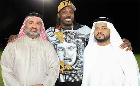 Chris Gayle (centre), KCL Brand Ambassador, with Amin Farooq (left) of Dubai Cricket Council and Ghazi Al Madhani of Dubai Sports Council. (Supplied)