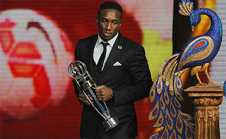 United Arab Emirate's Ahmed Khalil, stands after receiving the player of the year award  during the Asian Football Confederation (AFC)  annual awards in New Delhi, India, Sunday, Nov. 29, 2015. (AP)