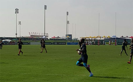 Amin Jamail on his way to scoring a try for Lanka Lions at the Dubai Rugby Sevens tournament. (ALLAAM OUSMAN)