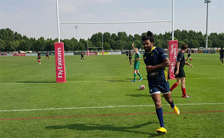 Fijian Ranato Tavite scoring a try for Lanka Lions at the Dubai Rugby Sevens. (ALLAAM OUSMAN)