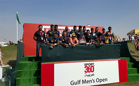Lanka Lions celebrate on the podium after winning the Gulf Men's Open title at the Dubai Rugby Sevens on December 5, 2015. (ALLAAM OUSMAN)