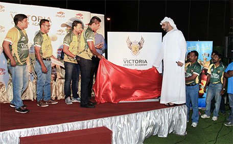 Chaminda Vaas officially inaugurating VCCA in the presence of Abdullah Al Marzooqi (right) and officials of the academy. (Supplied)