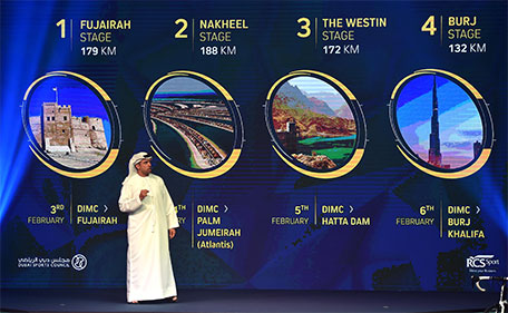Director of the Dubai Tour 2106, Huraiz Al Murr bin Huraiz, unveiling the official route at a press conference on Sunday. (Supplied)