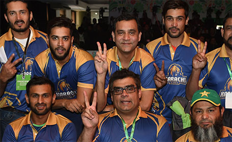 Pakistani cricketers from the Karachi Kings pose for a photograph as they attend the drafting of players for the Pakistan Super League (PSL) in Lahore on December 21, 2015. (AFP)