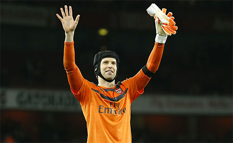 Arsenal's Petr Cech waves to the fans at the end of the English Premier League soccer match between Arsenal and Bournemouth at Emirates stadium in London, Monday, Dec. 28, 2015. (AP)