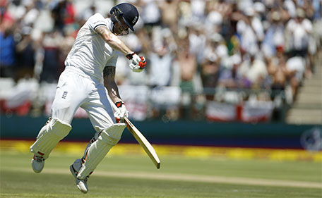 England's Ben Stokes react as he makes two hundred runs during their second cricket Test against South Africa in Cape Town, South Africa, Sunday, Jan. 3, 2016.  (AP)