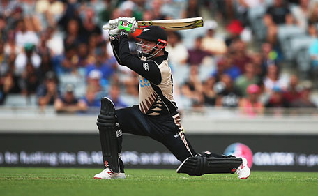 Colin Munro of the Black Caps plays the ball away for six runs during the Twenty20 International match between New Zealand and Sri Lanka at Eden Park on January 10, 2016 in Auckland, New Zealand. (Getty Images)