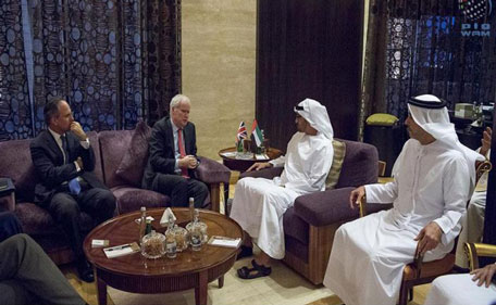 Sheikh Mohamed bin Zayed Al Nahyan meets with Sir Mark Lyall Grant United Kingdom National Security Advisor (2nd L), at the Beach Palace. Also seen are Lt General Sheikh Saif bin Zayed Al Nahyan, UAE Deputy Prime Minister and Minister of Interior (R) and Philip Parham, UK Ambassador to the UAE (L). (Wam)