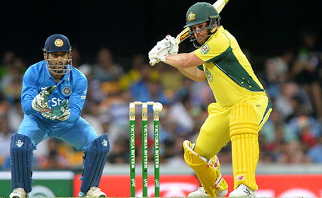 Aaron Finch of Australia plays a shot during game two of the Victoria Bitter One Day International Series between Australia and India at The Gabba on January 15, 2016 in Brisbane, Australia. (Getty Images)