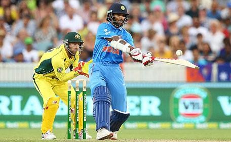 Shikhar Dhawan of India bats during the Victoria Bitter One Day International match between Australia and India at Manuka Oval on January 20, 2016 in Canberra, Australia. (Getty Images)