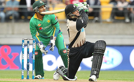 Martin Guptill of New Zealand bats during the Twenty20 International match between New Zealand and Pakistan at Westpac Stadium on January 22, 2016 in Wellington, New Zealand. (Getty Images)