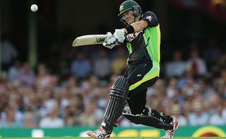 Shane Watson of Australia hits a six during the International Twenty20 match between Australia and India at Sydney Cricket Ground on January 31, 2016 in Sydney, Australia. (Getty Images)