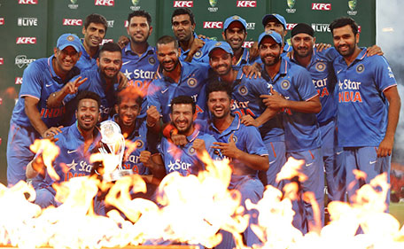 The Indian team celebrate with the series trophy after victory in the International Twenty20 match between Australia and India at Sydney Cricket Ground on January 31, 2016 in Sydney, Australia. (Getty Images)