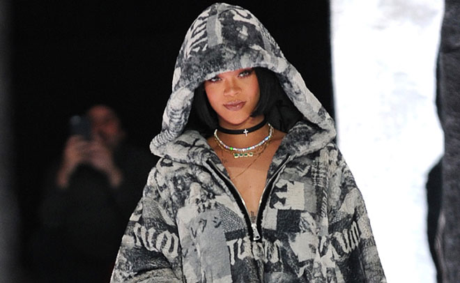 Rihanna greets the audience after FENTY PUMA by Rihanna is shown during New York Fashion Week, Friday, Feb. 12, 2016. (AP)