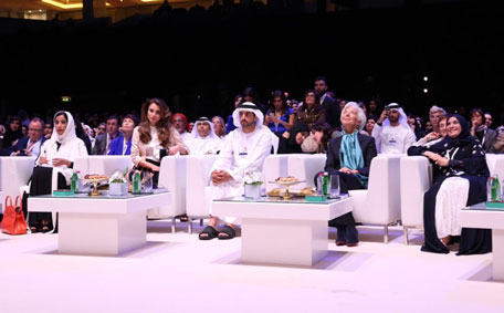 Sheikh Hamdan bin Mohammed bin Rashid Al Maktoum, Queen Rania of Jordan and Mona Al Marri at the Global Women's Forum in Dubai. (DMO)