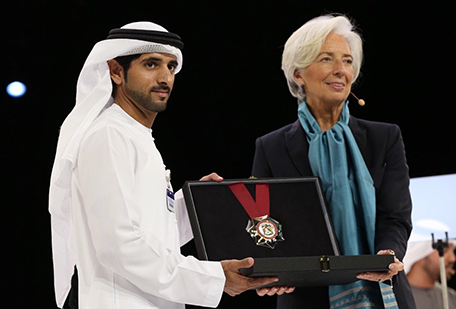 Sheikh Hamdan bin Mohammed bin Rashid Al Maktoum is giving out gold medal to Christine Lagarde, Managing Director, International Monetary Fund (IMF).