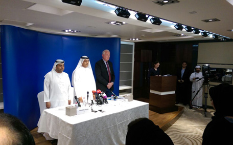 Chief Executive Officer Ghaith Al Ghaith, along with other airline officials, is holding a press conference in Dubai (Joseph George)