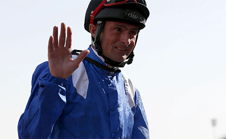 Dane O'Neill rides AF Mathmoon from UAE as he celebrates after winning the first race Dubai World Cup - Meydan Racecourse, Dubai - 26/3/16. (Reuters)