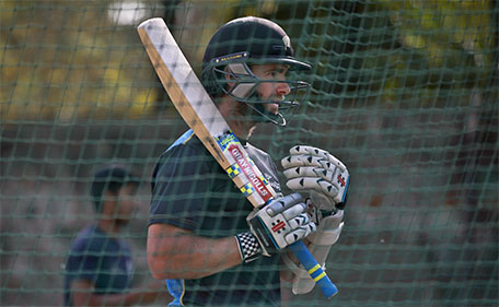 New Zealand's captain Kane Williamson bats during a practice session a day ahead of the ICC Twenty20 2016 Cricket World Cup semi-final match against England, at the Feroz Shah Kotla cricket stadium in New Delhi, India, Tuesday, March 29, 2016. (AP)