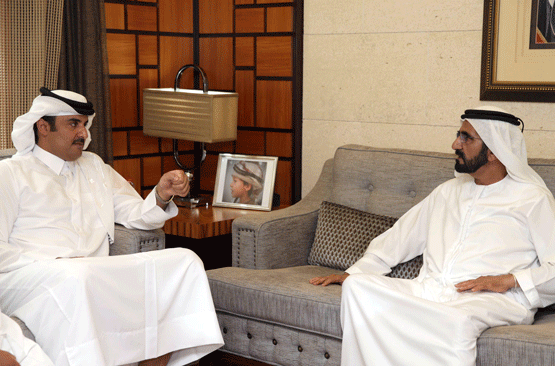 His Highness Sheikh Mohammed bin Rashid Al Maktoum meets Emir of Qatar, Sheikh Tamim bin Hamad Al-Thani at Al Marmoum district (Wam)