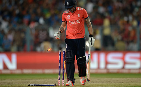 Jason Roy of England leaves the field after being bowled by Samuel Badree of the West Indies during the ICC World Twenty20 India 2016 Final between England and the West Indies at Eden Gardens on April 3, 2016 in Kolkata, India. (Getty Images)