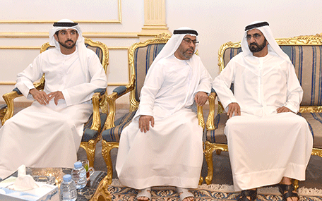 His Highness Sheikh Mohammed bin Rashid Al Maktoum and Sheikh Hamdan bin Mohammed bin Rashid Al Maktoum visit the mourning majlis in Sharjah (Wam)