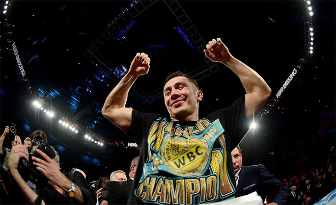 Gennady Golovkin of Kazakhstan celebrates a second round TKO of Dominic Wade during his unified middleweight title fight at The Forum on April 23, 2016 in Inglewood, California. (AFP)