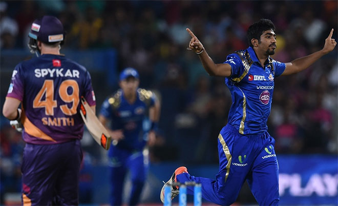 Jasprit Bumrah of Mumbai Indians celebrate taking a wicket during match against Rising Pune Supergiants. (AFP)