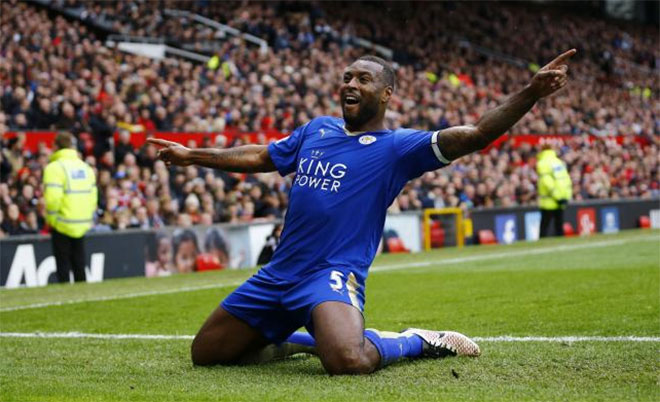 Leicester City's Wes Morgan celebrates scoring their first goal against Manchester United. (Reuters)