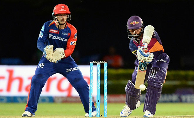 Rising Pune Supergiants' batsman Ajinkya Rahane plays  a shot   during the 2016 Indian Premier League (IPL) Twenty20 cricket match between Rising Pune Supergiants  and Delhi Daredevils at Dr. Y.S. Rajasekhara Reddy ACA-VDCA Cricket Stadium in Visakhapatnam on May 17, 2016. (AFP)