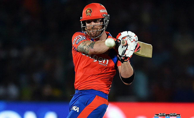Gujarat Lions Brendon McCullum plays a shot during the 2016 Indian Premier League (IPL) Twenty20 cricket match between Gujarat Lions and Mumbai Indians at Green Park stadium in Kanpur on May 21, 2016. (AFP)