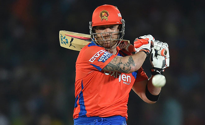 Gujarat Lions Brendon McCullum plays a shot during the 2016 Indian Premier League (IPL) Twenty20 cricket match between Gujarat Lions and Mumbai Indians at Green Park stadium in Kanpur on May 21, 2016. (AFP)
