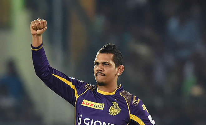 Kolkata Knight Riders Sunil Narine celebrates the wicket of Gujarat Lions Brendon McCullum during the 2016 Indian Premier League (IPL) Twenty20 cricket match between Gujarat Lions and Kolkata Knight Riders at Green Park stadium in Kanpur on May 19, 2016. (AFP)