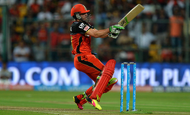 Royal Challengers Bangalore batsman AB de Villiers plays a shot during the first qualifiers cricket match between Royal Challengers Bangalore and Gujarat Lions at The M. Chinnaswamy Stadium in Bangalore on May 24, 2016.(AFP)