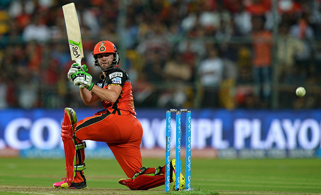 Royal Challengers Bangalore batsman AB de Villiers plays a shot during the first qualifiers cricket match between Royal Challengers Bangalore and Gujarat Lions at The M. Chinnaswamy Stadium in Bangalore on May 24, 2016. (AFP)