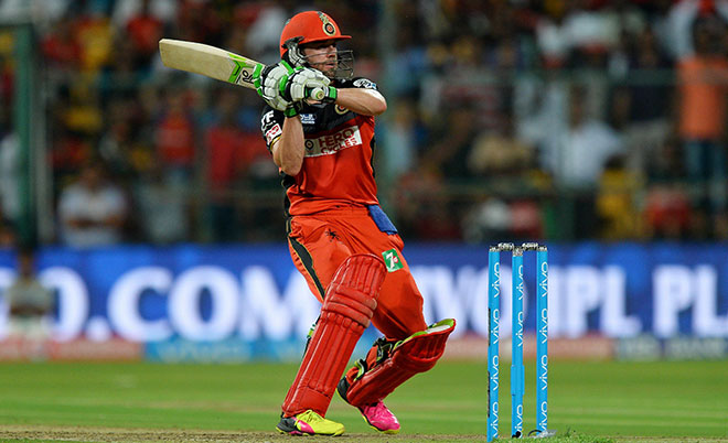 Royal Challengers Bangalore batsman AB de Villiers plays a shot during the first qualifiers cricket match between Royal Challengers Bangalore and Gujarat Lions at The M. Chinnaswamy Stadium in Bangalore on May 24, 2016. (AFP)