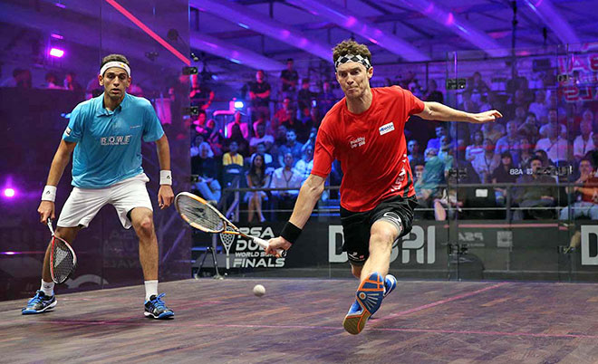 Cameron Pilley and Mohammed Elshorbagy during their match in the PSA Dubai World Series Finals on Friday. (Supplied)